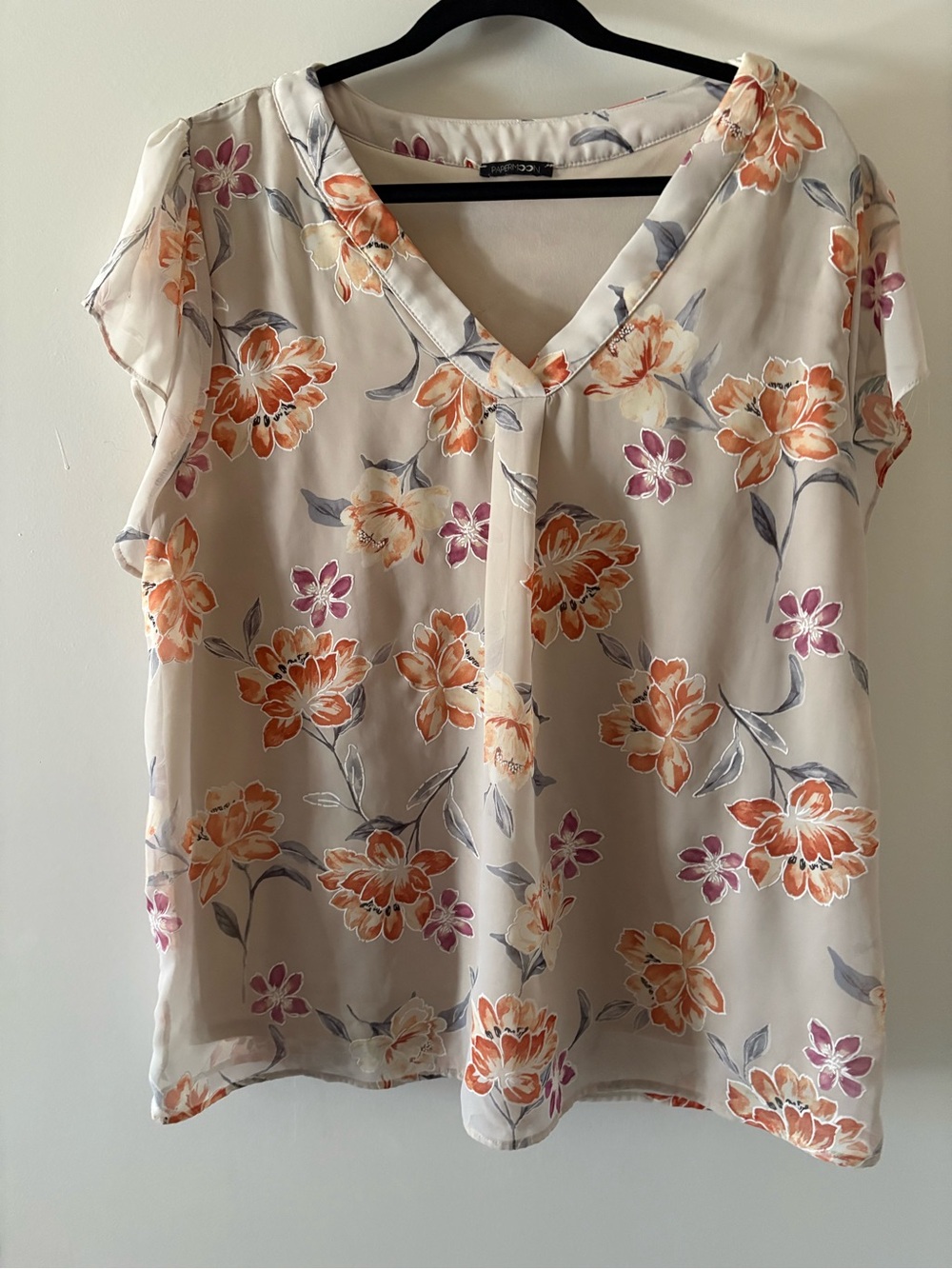 Light Floral V-Neck Blouse - Cream with Orange & Pink Flowers
